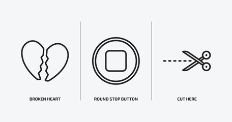 shapes outline icons set. shapes icons such as broken heart, round stop button, cut here vector. can be used web and mobile.