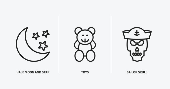 shapes outline icons set. shapes icons such as half moon and star, toys, sailor skull vector. can be used web and mobile.