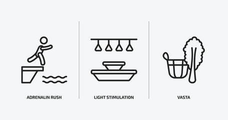 sauna outline icons set. sauna icons such as adrenalin rush, light stimulation, vasta vector. can be used web and mobile.