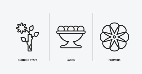religion outline icons set. religion icons such as budding staff, laddu, flowers vector. can be used web and mobile.