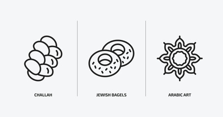 religion outline icons set. religion icons such as challah, jewish bagels, arabic art vector. can be used web and mobile.