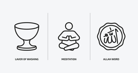 religion outline icons set. religion icons such as laver of washing, meditation, allah word vector. can be used web and mobile.