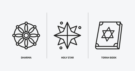 religion outline icons set. religion icons such as dharma, holy star, torah book vector. can be used web and mobile.