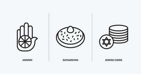 religion outline icons set. religion icons such as jainism, sufganiyah, jewish coins vector. can be used web and mobile.