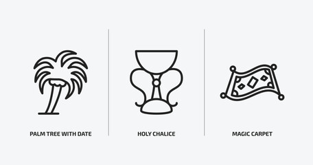 religion outline icons set. religion icons such as palm tree with date, holy chalice, magic carpet vector. can be used web and mobile.