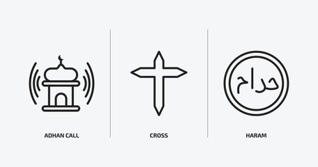 religion outline icons set. religion icons such as adhan call, cross, haram vector. can be used web and mobile.
