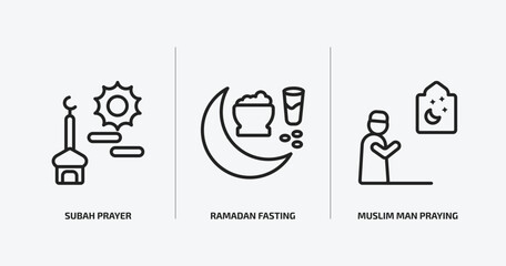 religion outline icons set. religion icons such as subah prayer, ramadan fasting, muslim man praying vector. can be used web and mobile.