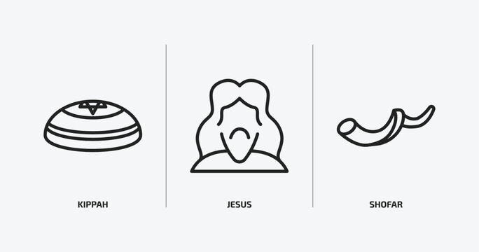 religion outline icons set. religion icons such as kippah, jesus, shofar vector. can be used web and mobile.