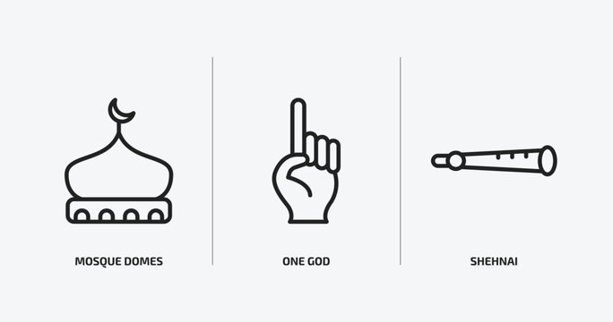 religion outline icons set. religion icons such as mosque domes, one god, shehnai vector. can be used web and mobile.