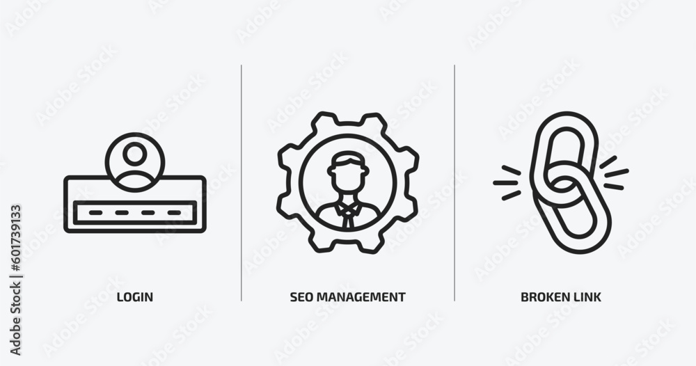 Poster programming outline icons set. programming icons such as login, seo management, broken link vector. 