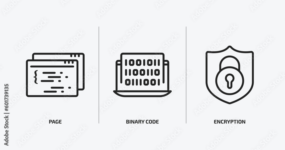 Poster seo outline icons set. seo icons such as page, binary code, encryption vector. can be used web and m