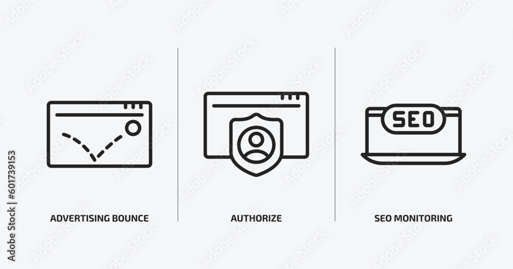 Aufkleber programming outline icons set. programming icons such as advertising bounce, authorize, seo monitori