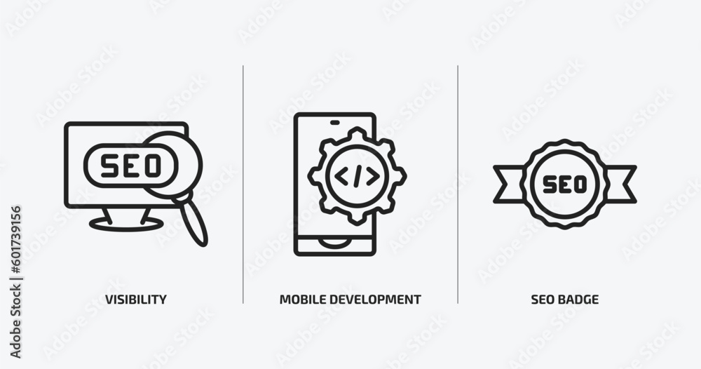 Poster programming outline icons set. programming icons such as visibility, mobile development, seo badge v