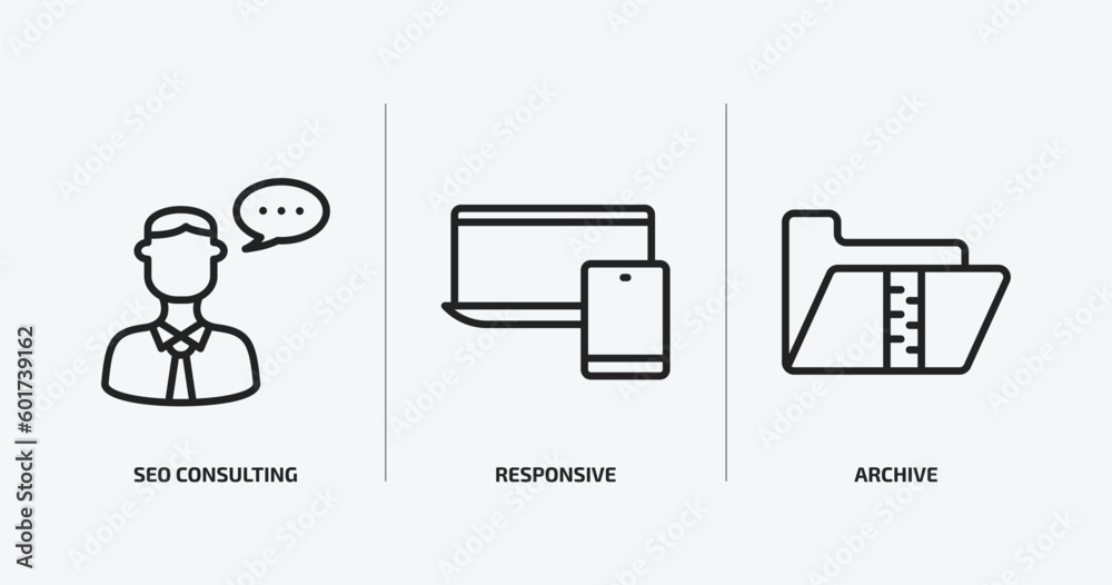 Poster programming outline icons set. programming icons such as seo consulting, responsive, archive vector.