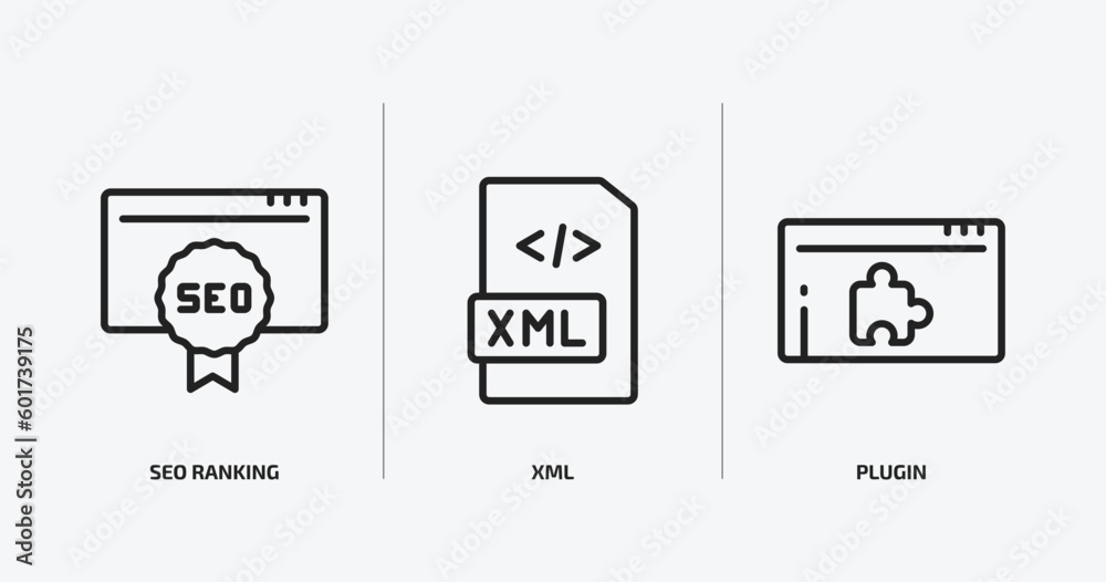 Poster programming outline icons set. programming icons such as seo ranking, xml, plugin vector. can be use