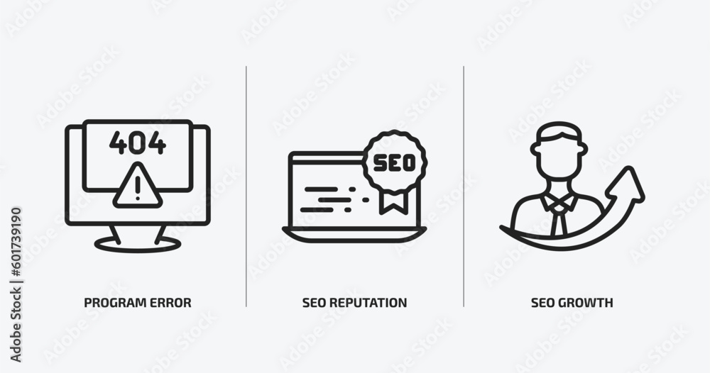 Poster programming outline icons set. programming icons such as program error, seo reputation, seo growth v
