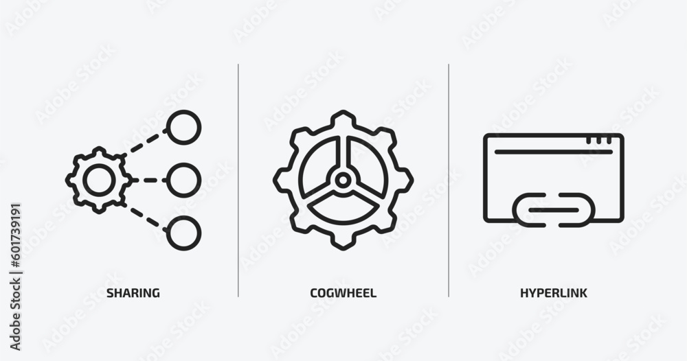Poster programming outline icons set. programming icons such as sharing, cogwheel, hyperlink vector. can be