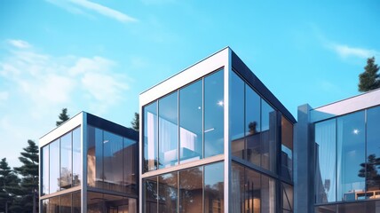 Conceptual modern glasshouse home exterior design. Contemporary glass house concept. Generative AI illustration.