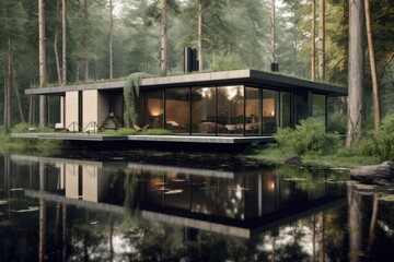 Obraz premium Conceptual modern glasshouse home exterior design. Contemporary glass house concept. Generative AI illustration.