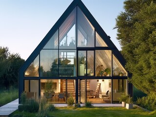 Fototapeta premium Conceptual modern glasshouse home exterior design. Contemporary glass house concept. Generative AI illustration.