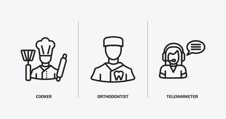 professions outline icons set. professions icons such as cooker, orthodontist, telemarketer vector. can be used web and mobile.