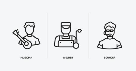 professions & jobs outline icons set. professions & jobs icons such as musician, welder, bouncer vector. can be used web and mobile.