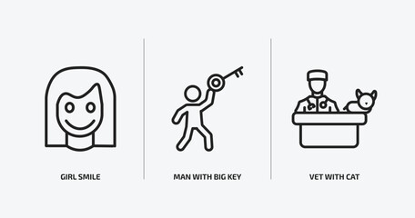people outline icons set. people icons such as girl smile, man with big key, vet with cat vector. can be used web and mobile.