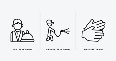 people outline icons set. people icons such as waiter working, firefighter working, partners claping hands vector. can be used web and mobile.