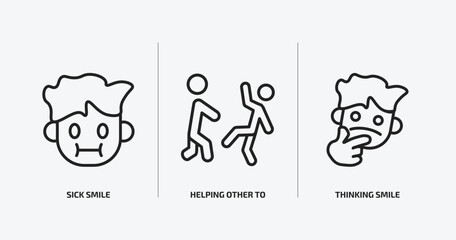 people outline icons set. people icons such as sick smile, helping other to jump, thinking smile vector. can be used web and mobile.