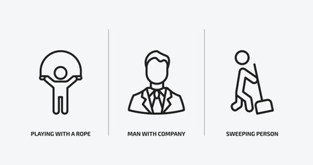 people outline icons set. people icons such as playing with a rope, man with company, sweeping person vector. can be used web and mobile.