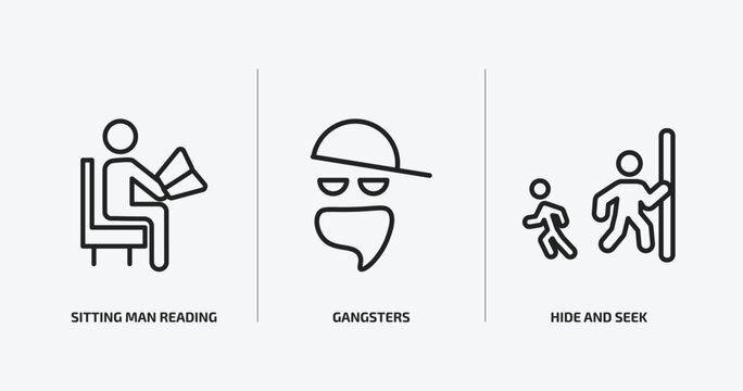 people outline icons set. people icons such as sitting man reading, gangsters, hide and seek vector. can be used web and mobile.