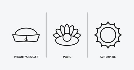 nautical outline icons set. nautical icons such as prawn facing left, pearl, sun shining vector. can be used web and mobile.