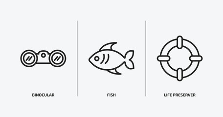 nautical outline icons set. nautical icons such as binocular, fish, life preserver vector. can be used web and mobile.