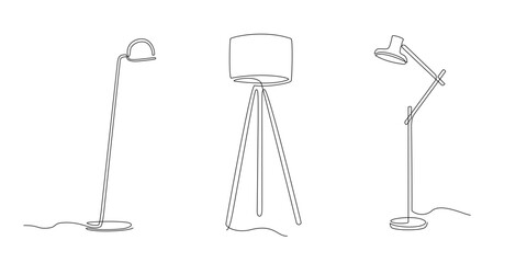 Set of Continuous line room floor lamps. One line drawing of object of home furniture for interior design illustration. Line art object. Lampshade in linear style. Single line Minimalist design