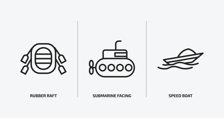 nautical outline icons set. nautical icons such as rubber raft, submarine facing right, speed boat vector. can be used web and mobile.