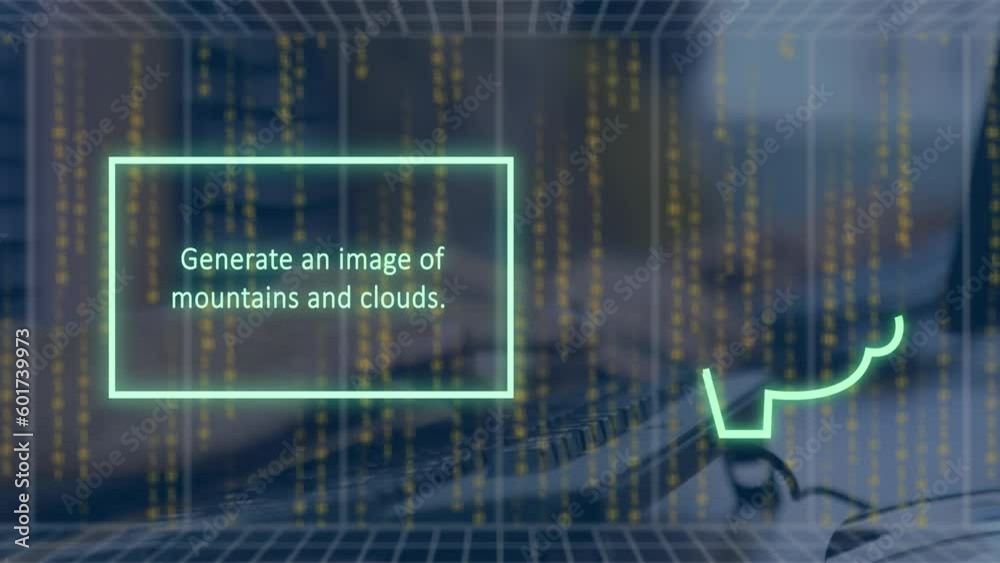 Poster animation of artificial intelligence text and data over caucasian woman using computer