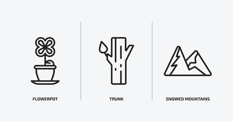 nature outline icons set. nature icons such as flowerpot, trunk, snowed mountains vector. can be used web and mobile. © Farahim