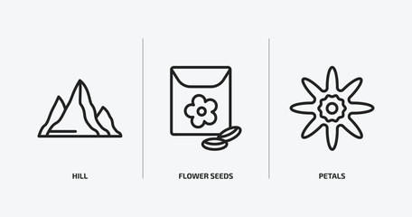 nature outline icons set. nature icons such as hill, flower seeds, petals vector. can be used web and mobile.