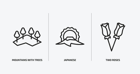 nature outline icons set. nature icons such as mountains with trees, japanese, two roses vector. can be used web and mobile.