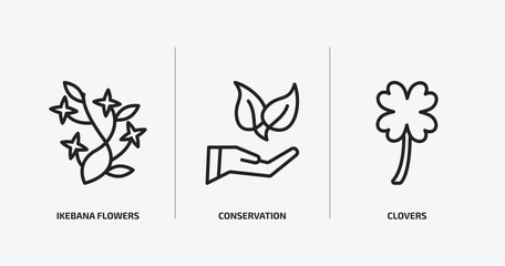 nature outline icons set. nature icons such as ikebana flowers, conservation, clovers vector. can be used web and mobile.