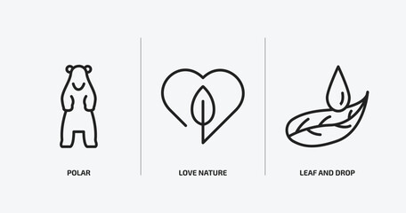 nature outline icons set. nature icons such as polar, love nature, leaf and drop vector. can be used web and mobile.