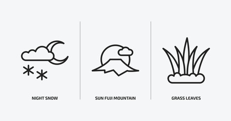 nature outline icons set. nature icons such as night snow, sun fuji mountain, grass leaves vector. can be used web and mobile.