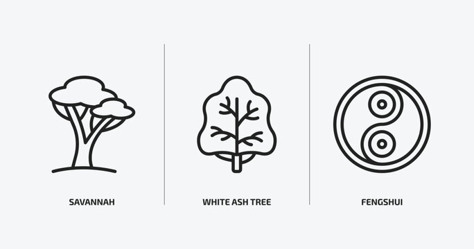nature outline icons set. nature icons such as savannah, white ash tree, fengshui vector. can be used web and mobile.