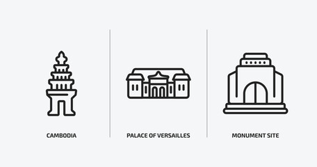 monuments outline icons set. monuments icons such as cambodia, palace of versailles, monument site vector. can be used web and mobile.