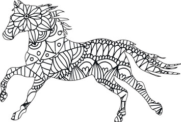 Horse mandala coloring page for children and adults. Hand drawing vector illustration in black outline on a white background.