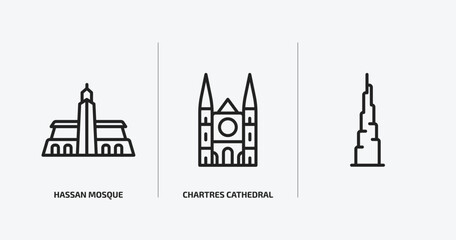 monuments outline icons set. monuments icons such as hassan mosque, chartres cathedral, vector. can be used web and mobile.
