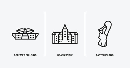 monuments outline icons set. monuments icons such as dpr/mpr building, bran castle, easter island vector. can be used web and mobile.