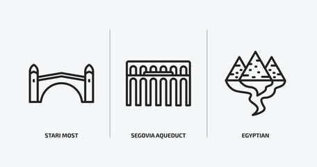 monuments outline icons set. monuments icons such as stari most, segovia aqueduct, egyptian vector. can be used web and mobile.