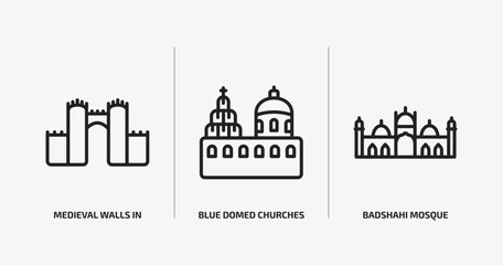 monuments outline icons set. monuments icons such as medieval walls in avila, blue domed churches, badshahi mosque vector. can be used web and mobile.