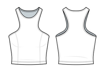 crop tank top fashion flat technical drawing template. razer back tank top technical fashion Illustration. front, and back view. CAD mockup set.